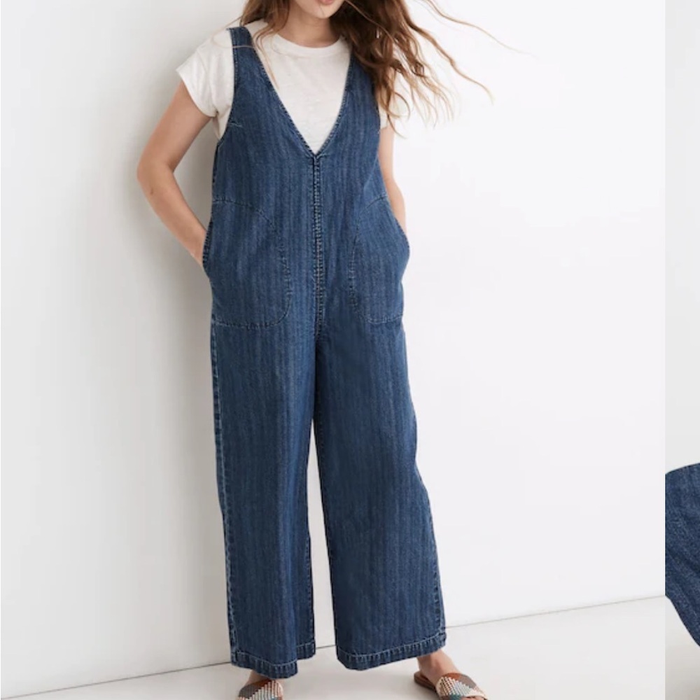 Madewell Denim V Neck Wide Leg Jumpsuit Aida Stripe relaxed fit mc972 Sz XS